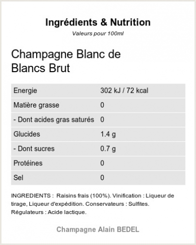 BLANC DE BLANCS BRUT - MILLESIME 2018 - Ingrdients et Nutrition 